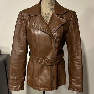 Giacca a Gallery Company Brown faux Leather moto Jacket waist Coat Size Large